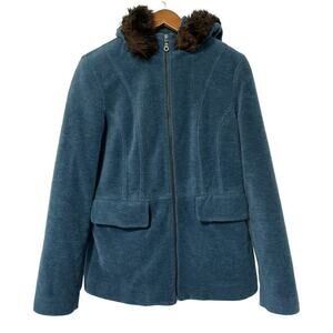 VTG LL Bean Wool Blend Hooded Fur Trim Full Zip Jacket Size M‎ Blue Outdoors